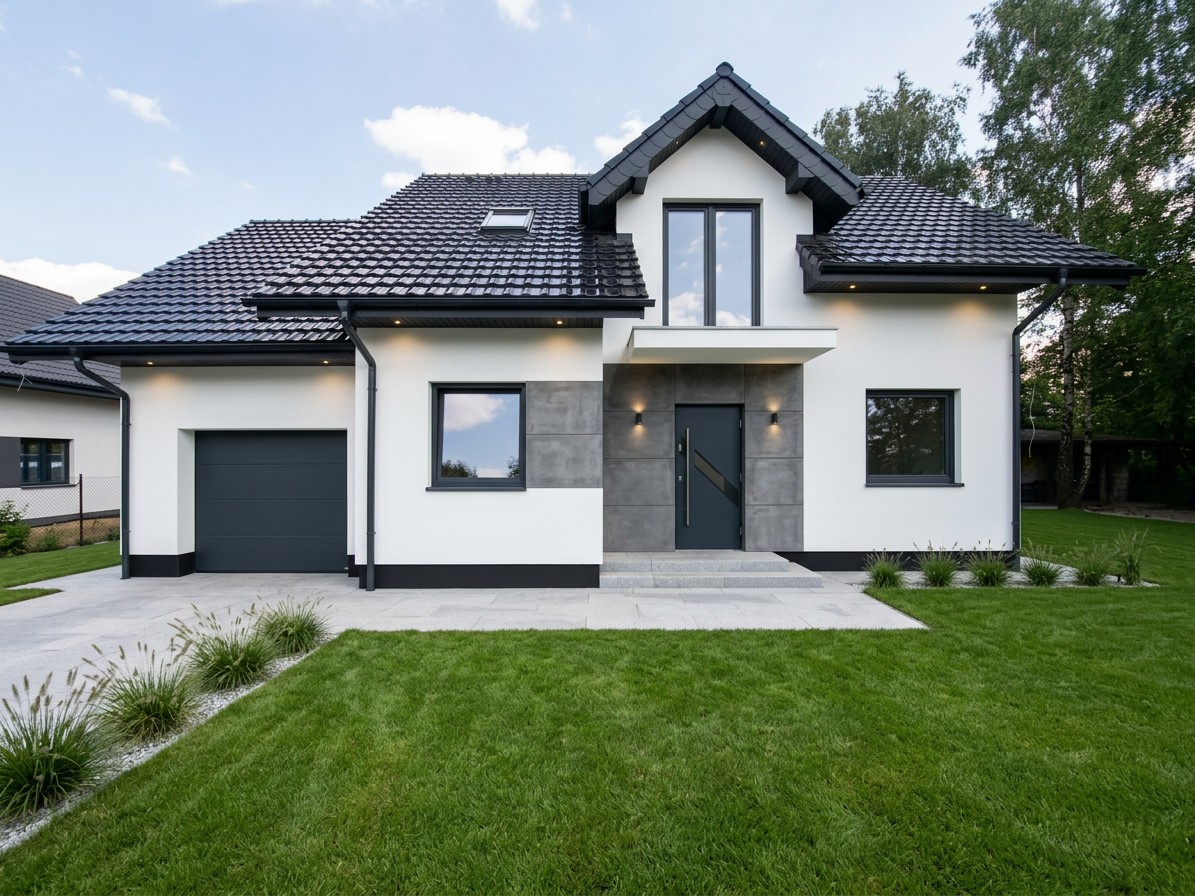 Wizualizacja AI: dom jednorodzinny z nowoczesną elewacją — biały tynk RAL 9016 i beton architektoniczny