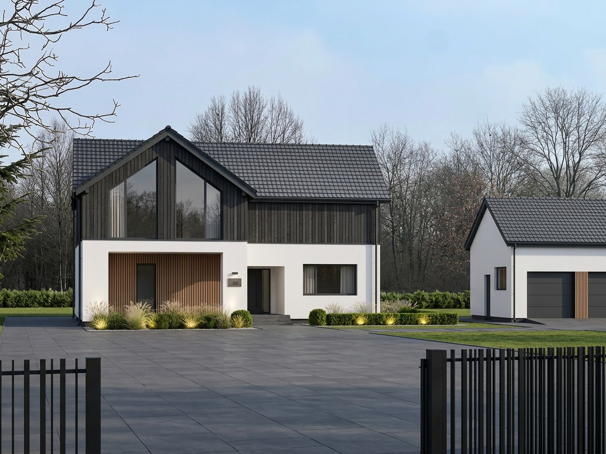 Wizualizacja AI: dom jednorodzinny w stylu modern farmhouse z ciemną szalówką i białym tynkiem