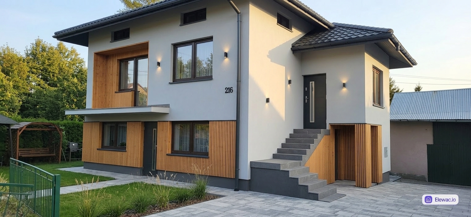 Wizualizacja AI: dom jednorodzinny z nowoczesną elewacją — tynk silikonowy i pionowe lamele drewniane