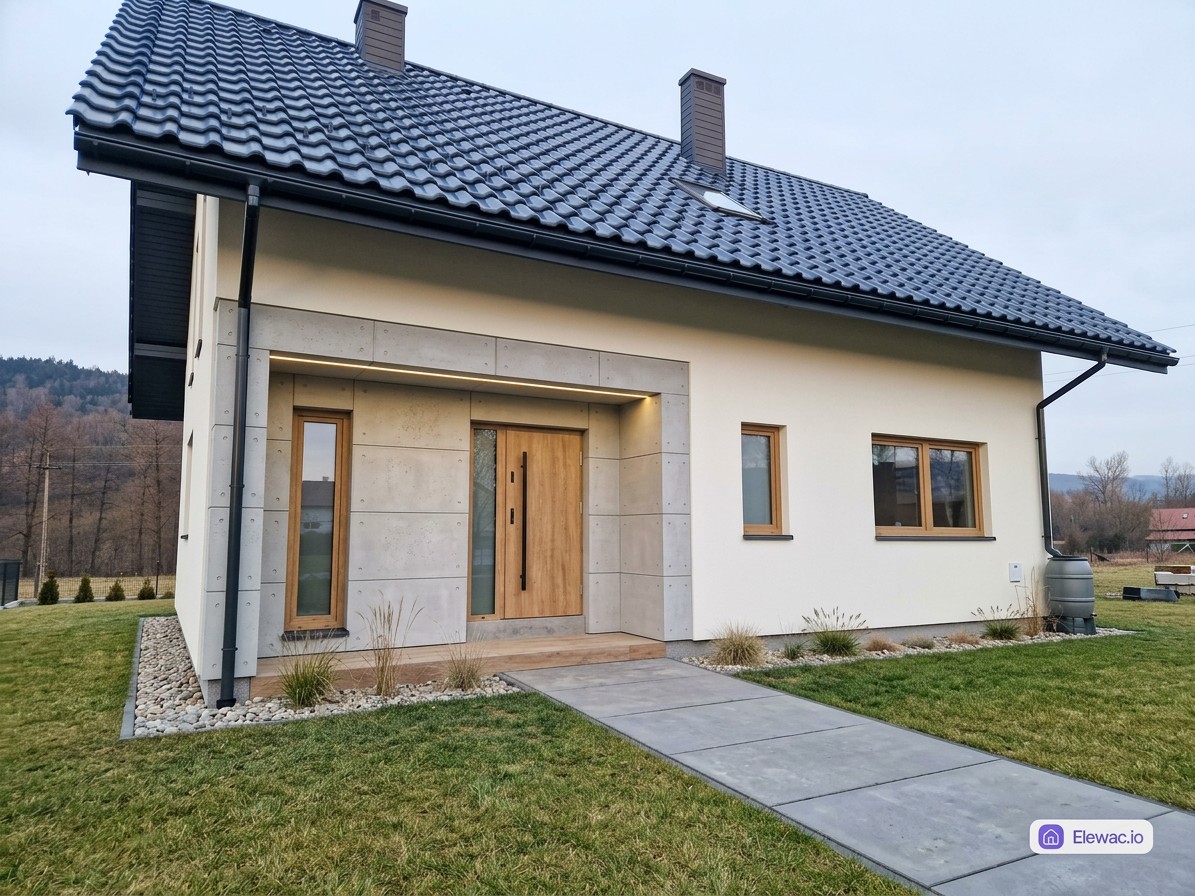 Wizualizacja AI: dom jednorodzinny z elewacją z betonu architektonicznego i jasnego tynku silikonowego