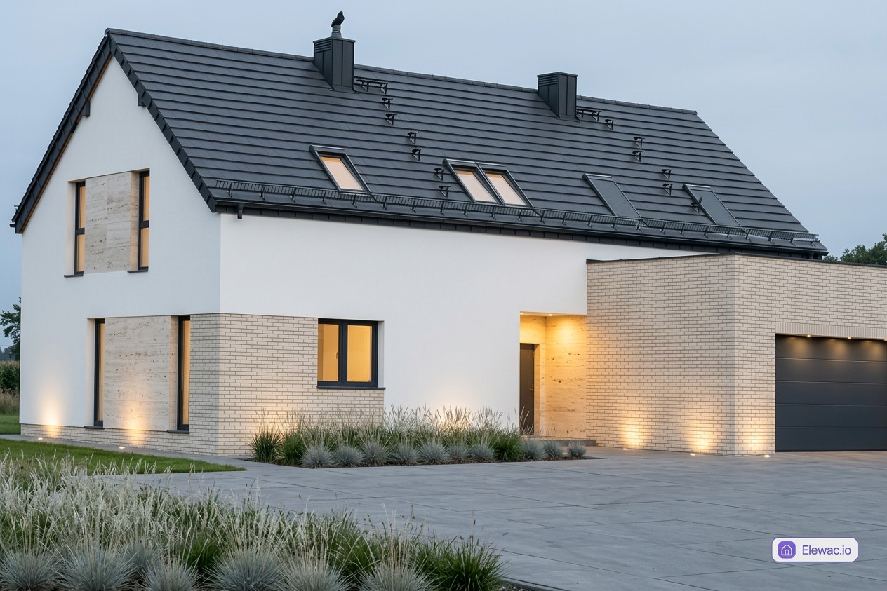 Wizualizacja AI: dom jednorodzinny w stylu Modern Farmhouse z białą elewacją, jasną cegłą i oświetleniem